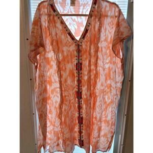Sundance Beach Cover Up Beads Fringe Boho Vibes Orange/White Sz.S/M